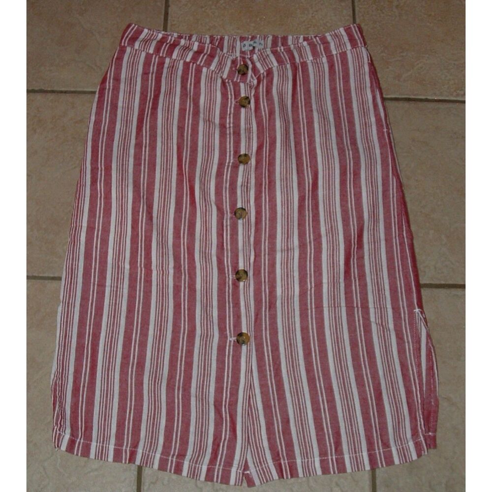 DASH Dark Red Striped Sz Medium Button Up Linen Blend Lined Pencil Skirt Pockets